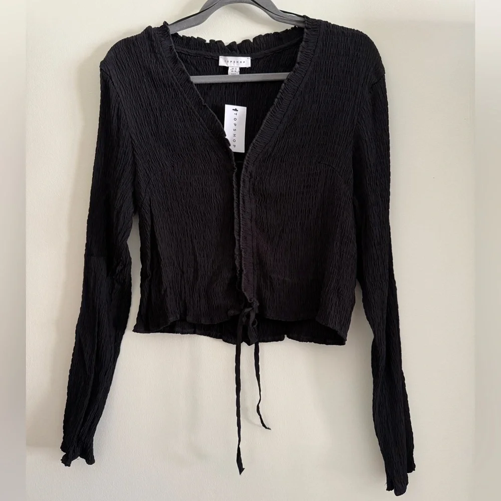 ✨NWT Topshop Black Ruched Long Sleeve Lace-Up Top V Neck Minimalist Going Out